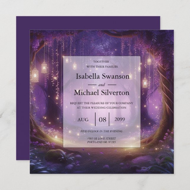 Invitación Violeta a medianoche encantada Boda forestal (Anverso / Reverso)