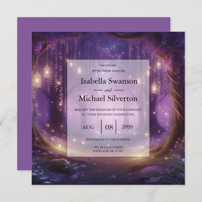 Invitación Violeta a medianoche encantada Boda forestal (Anverso / Reverso)