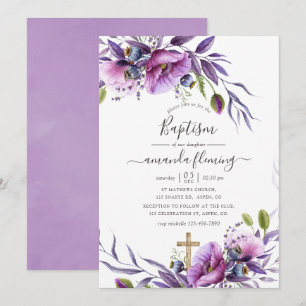 Invitación Violeta Amapola Púrpura Floral Bautizo