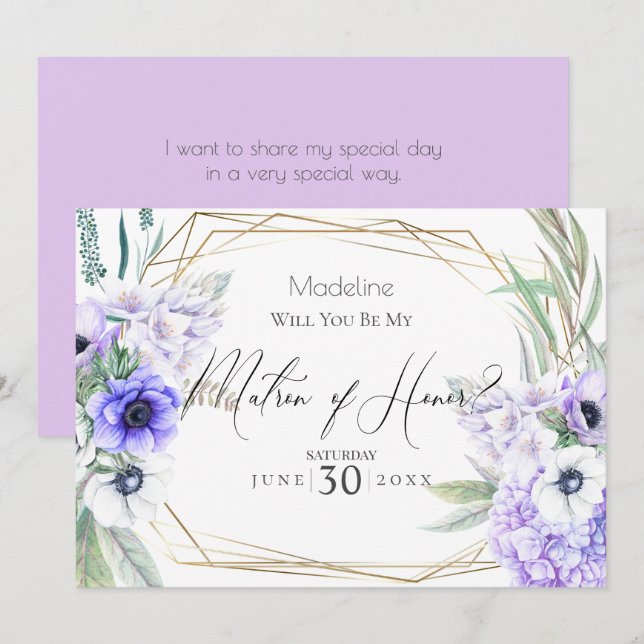 Invitación Violeta Anemones serás mi atrón de honor (Anverso / Reverso)