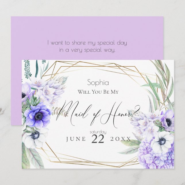 Invitación Violeta Anemones serás mi empleada de honor (Anverso / Reverso)