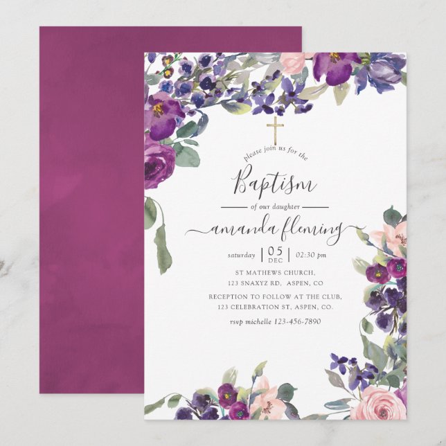 Invitación Violeta, ciruela y bautismo floral Rubor (Anverso / Reverso)
