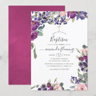 Invitación Violeta, ciruela y floral rosa Bautizo