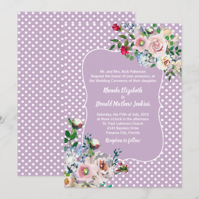 Invitación Violeta con puntos de polka blanco y Boda de flore (Anverso / Reverso)