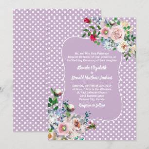 Invitación Violeta con puntos de polka blanco y Boda de flore