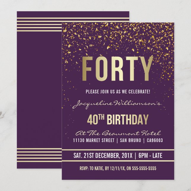 Invitación Violeta | Confetti de oro 40.º Fiesta de cumpleaño (Anverso / Reverso)