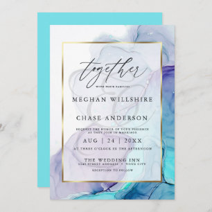 Invitación violeta de Aqua, Boda moderno de tinta 