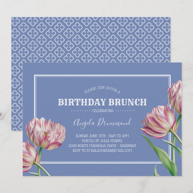 Invitación Violeta de brunch de cumpleaños con flor de tulipá (Anverso / Reverso)