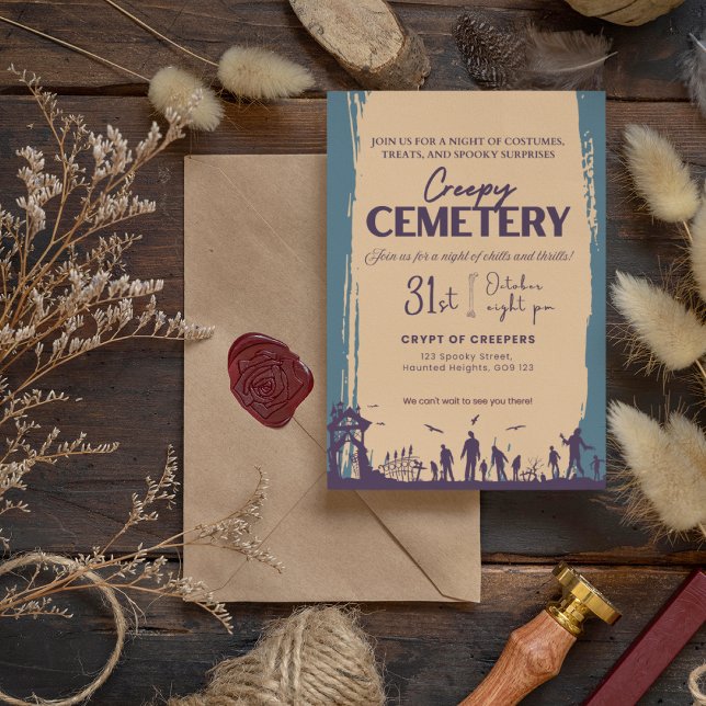Invitación Violeta de cementerio espeluznante con Naranja de  (Creepy Cemetery Violet with Peach-Orange Invitation Cover from The Beekeeper Store)