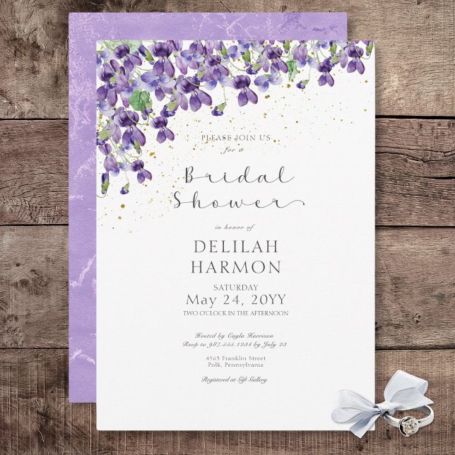Invitación Violeta de color púrpura ruidosa ducha de novia (Rustic Purple Watercolor Violets Bridal Shower Invitation)
