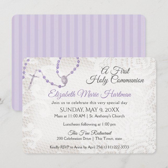 Invitación Violeta de la primera comunión de Rosary y Lace (Anverso / Reverso)