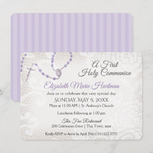 Invitación Violeta de la primera comunión de Rosary y Lace