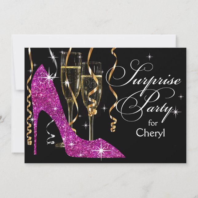 Invitación Violeta del cumpleaños de la sorpresa de Champán (Anverso)