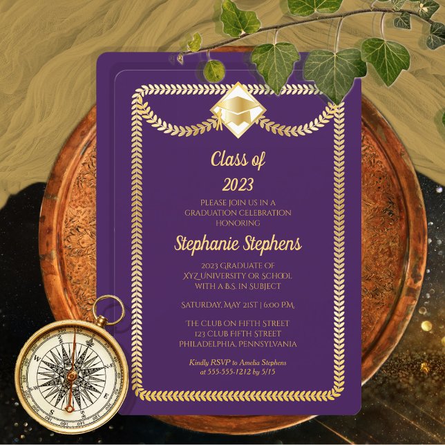 Invitación Violeta | Fiesta de graduación de hojas de oro (Subido por el creador)