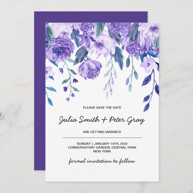 Invitación Violeta Floral Floral Moderna Guarda La Fecha (Anverso / Reverso)