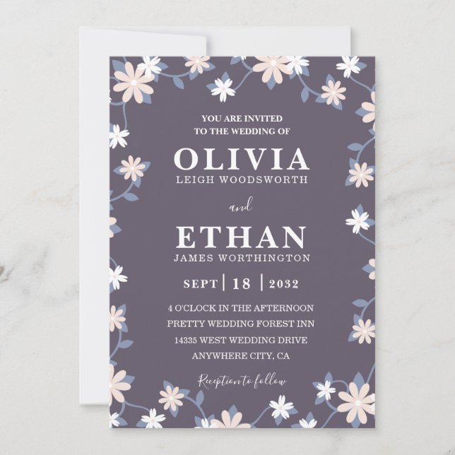 Invitación Violeta Floral Minimalista Gráfica de Flores Silve (Anverso)