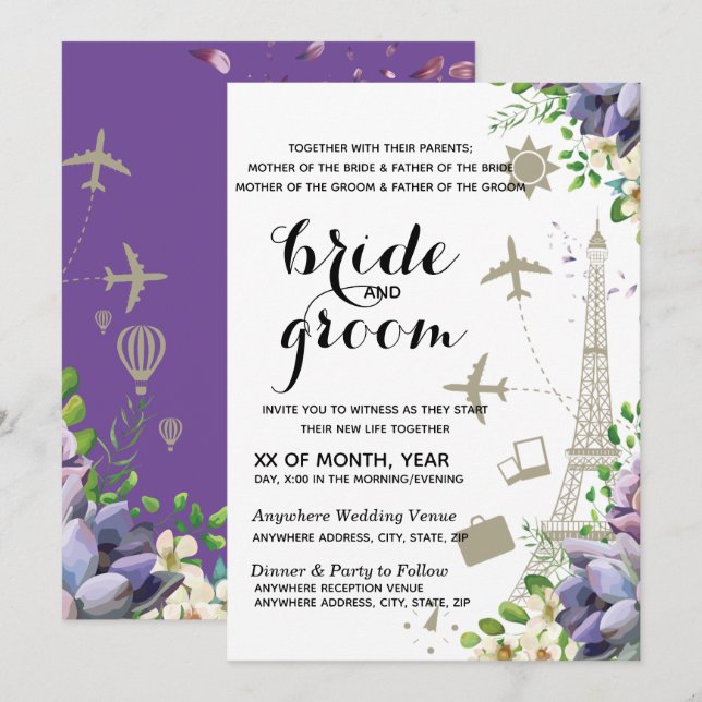 Invitación Violeta floral y Boda temática de viajes (Anverso / Reverso)