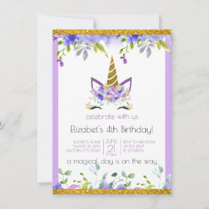 Invitación Violeta fresca   Adored Gold Unicorn Birthday Part