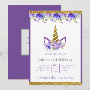 Invitación Violeta fresca Cumpleaños del chica unicornio