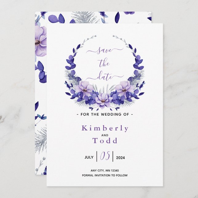 Invitación Violeta Lavanda y Floral de Plata Save the Date (Anverso / Reverso)