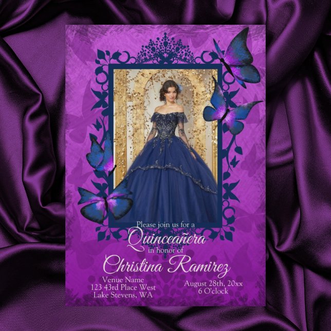 Invitación violeta, mariposa azul Quinceanera (Violet and blue quinceanera, blue dress mis quince invitation 15th purple butterfly blue butterflies)