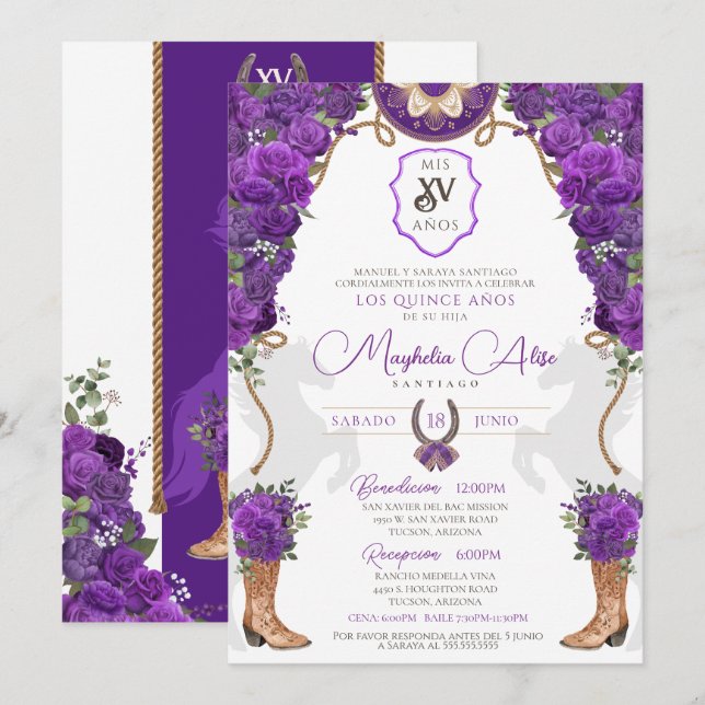 Invitación Violeta Morada Floral Occidental Charro Quinceañer (Anverso / Reverso)