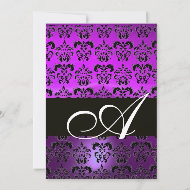 Invitación VIOLETA MORADO NEGRO  DAMASCO MONOGRAMA , blanco (Anverso)