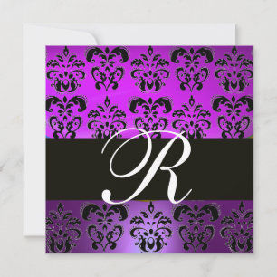 Invitación VIOLETA MORADO NEGRO DAMASCO MONOGRAMA,,blanco