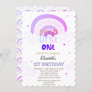 Invitación Violeta nubes arcoiris saludan a pequeña un cumple