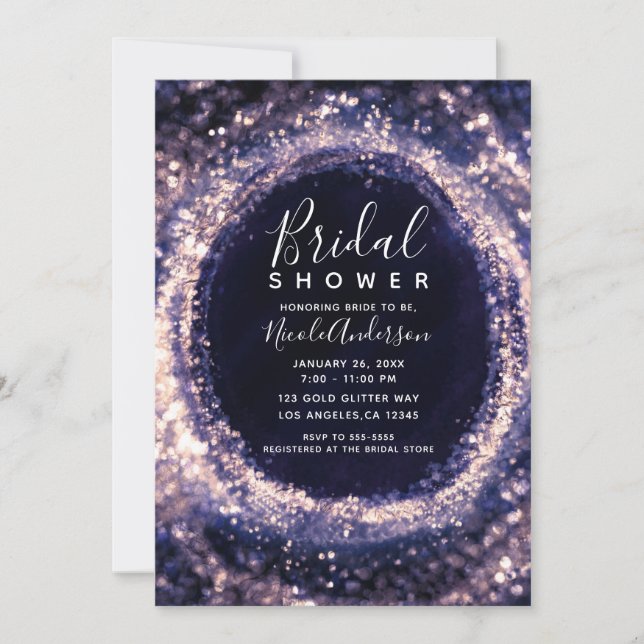 Invitación Violeta Púrpura Esparkling Luces Glam Brige Shower (Anverso)