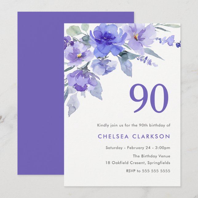 Invitación Violeta Púrpura y Lavender 90 cumpleaños (Anverso / Reverso)