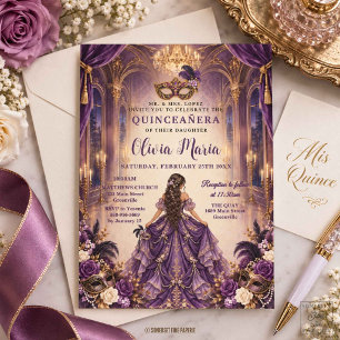 Invitación Violeta Real Floral Mascarada Quinceañera 16