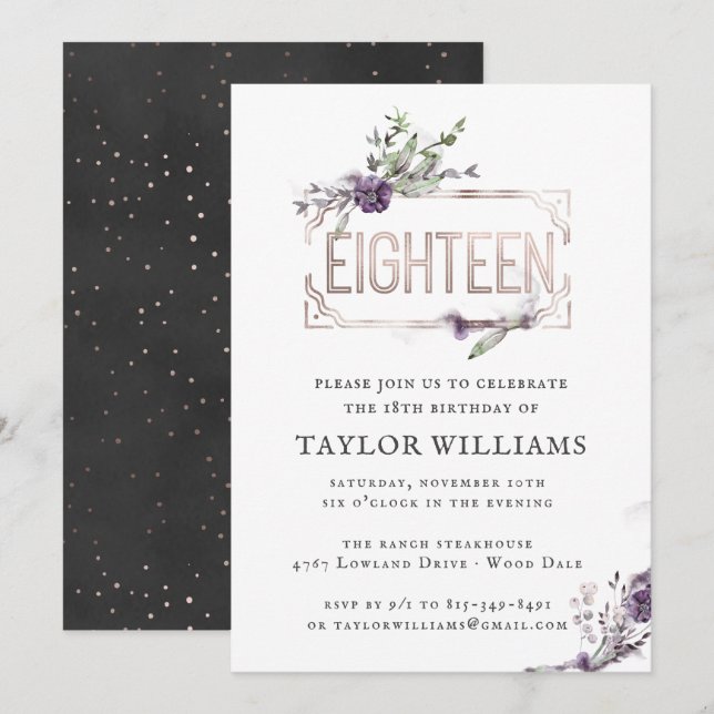 Invitación Violeta Real | Nacimiento del marco del Relieve me (Anverso / Reverso)