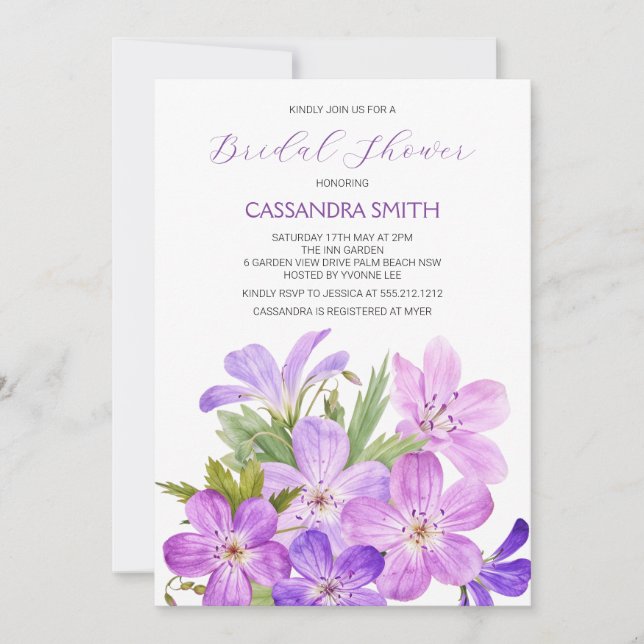 Invitación Violeta Rosa Geranium Floral Bridal Shower (Anverso)