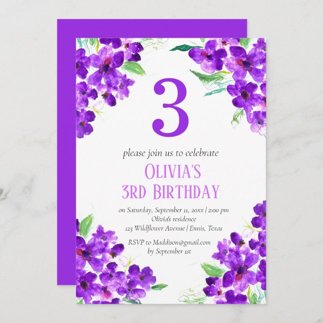 Invitación Violeta Rústica 3er cumpleaños Morada Floral (Anverso / Reverso)