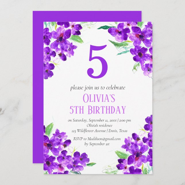 Invitación Violeta Rústica 5 cumpleaños Morada Floral (Anverso / Reverso)