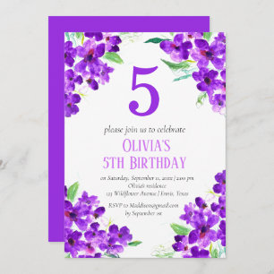 Invitación Violeta Rústica 5 cumpleaños Morada Floral