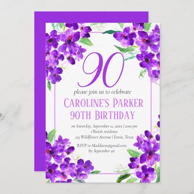 Invitación Violeta Rustica 90 cumpleaños Morado Floral (Anverso / Reverso)