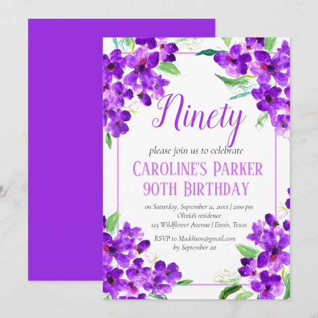 Invitación Violeta Rustica 90 cumpleaños Morado Floral (Anverso / Reverso)