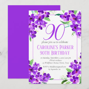 Invitación Violeta Rústica Cumpleaños 90 Floral Púrpura