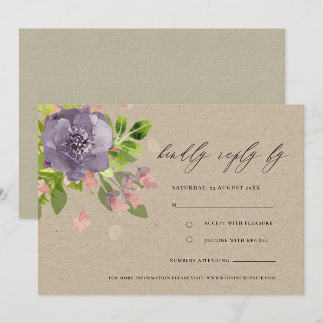 INVITACIÓN VIOLETA RÚSTICA KRAFT FLOWER & FOLIAGE MONOGRAM (Anverso / Reverso)