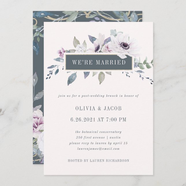 Invitación Violeta Suave Floral Rubor y Gris | Estamos Casado (Anverso / Reverso)