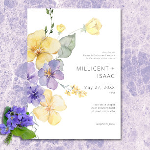 Invitación Violetas Florales Modernas Amarillas y Moradas par