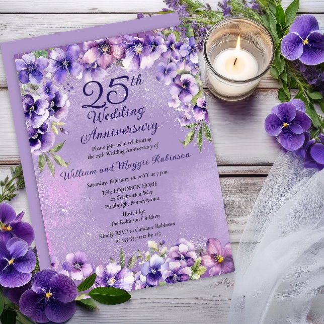 Invitación Violetas Moradas Elegantes 25 Aniversario de Boda  (Elegant Purple Violets 25th Wedding Anniversary Invitation -- Print | Digital Download)