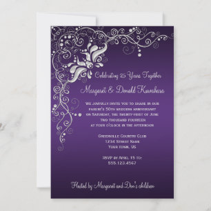 Invitación Violetas oscuras con florituras plateadas ornament