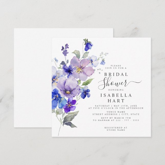 Invitación Violets Botánica Floral Morado Azul Bridal Ducha (Anverso / Reverso)