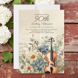Invitación Violín Antiguo Flores Azul Polvoriento Cumpleaños