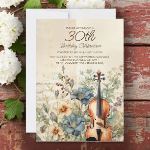 Invitación Violín Antiguo Flores Azul Polvoriento Cumpleaños