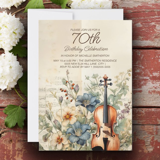 Invitación Violín Antiguo Flores Azul Polvoriento Cumpleaños  (Vintage violin 70th birthday party invitation )