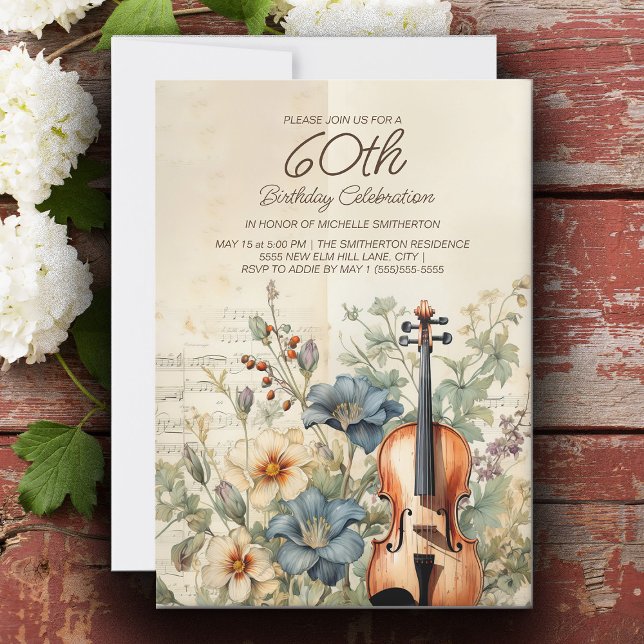 Invitación Violín Antiguo Flores Azul Polvoriento Cumpleaños  (Vintage violin 60th birthday party invitation for women.)